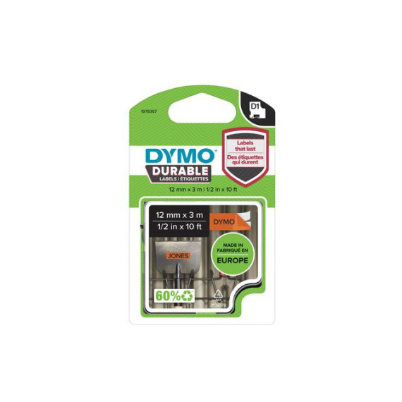 Tape DYMO D1 12mm x 3m sort/orange