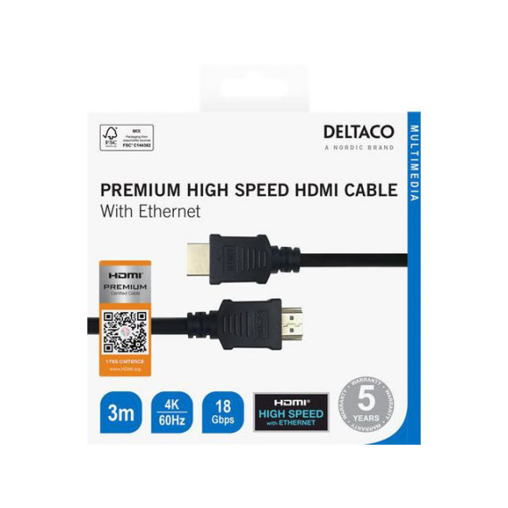 Kabel DELTACO HDMI M/M 4K 3m sort