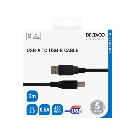 Kabel DELTACO USB 2.0 A/B 2m sort