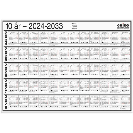 Platekalender GRIEG A4 10 år 2024-2033